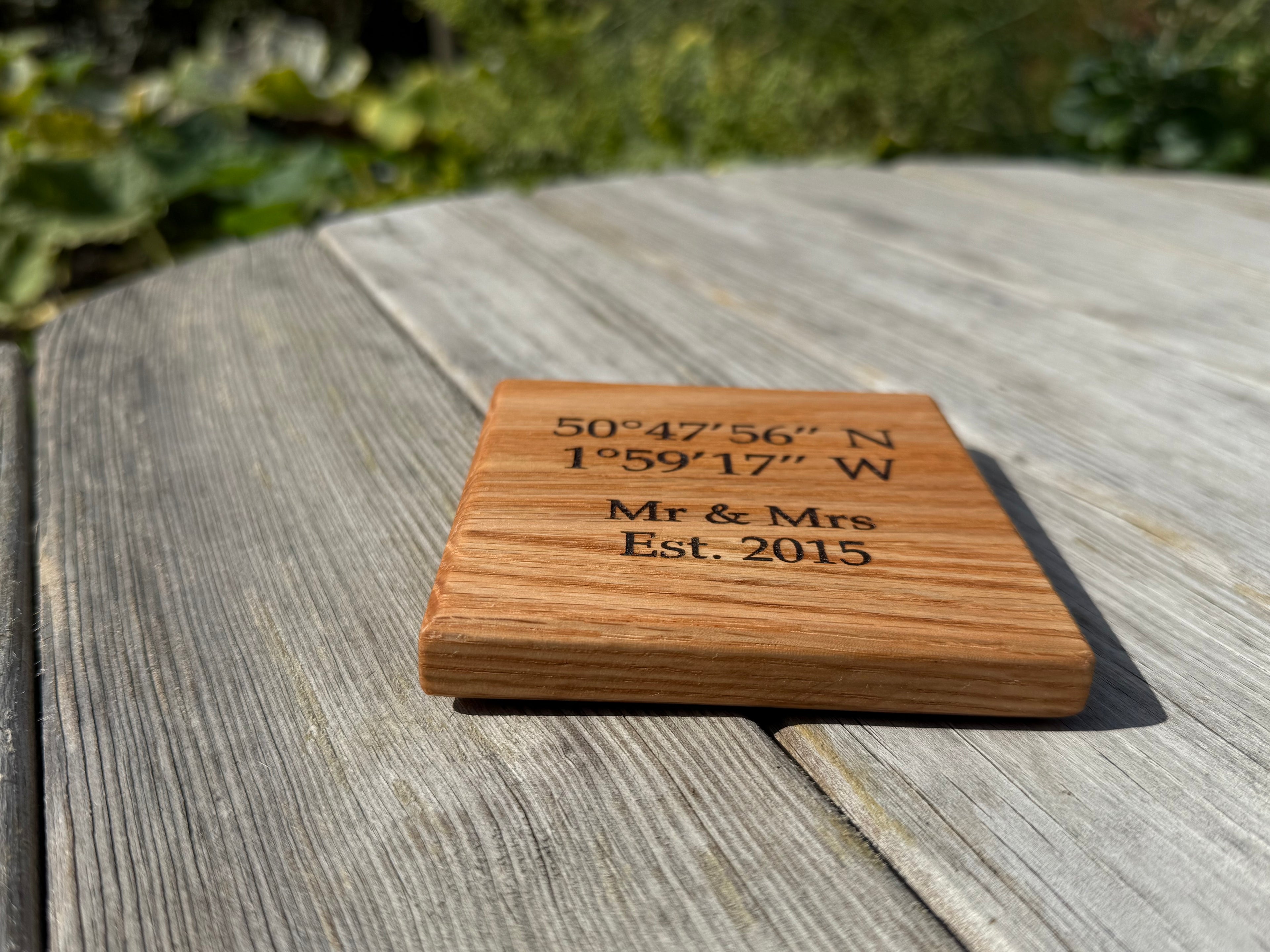 Natural Solid Oak Drink Coasters - Handmade in Hampshire - Personalisable - coordinates - perfect wedding/anniversary/engagement gift