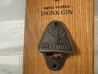 Handmade Solid Oak Wall Mounted Bottle Opener: Gin & Tonic Theme - Cast Iron - Personalisable