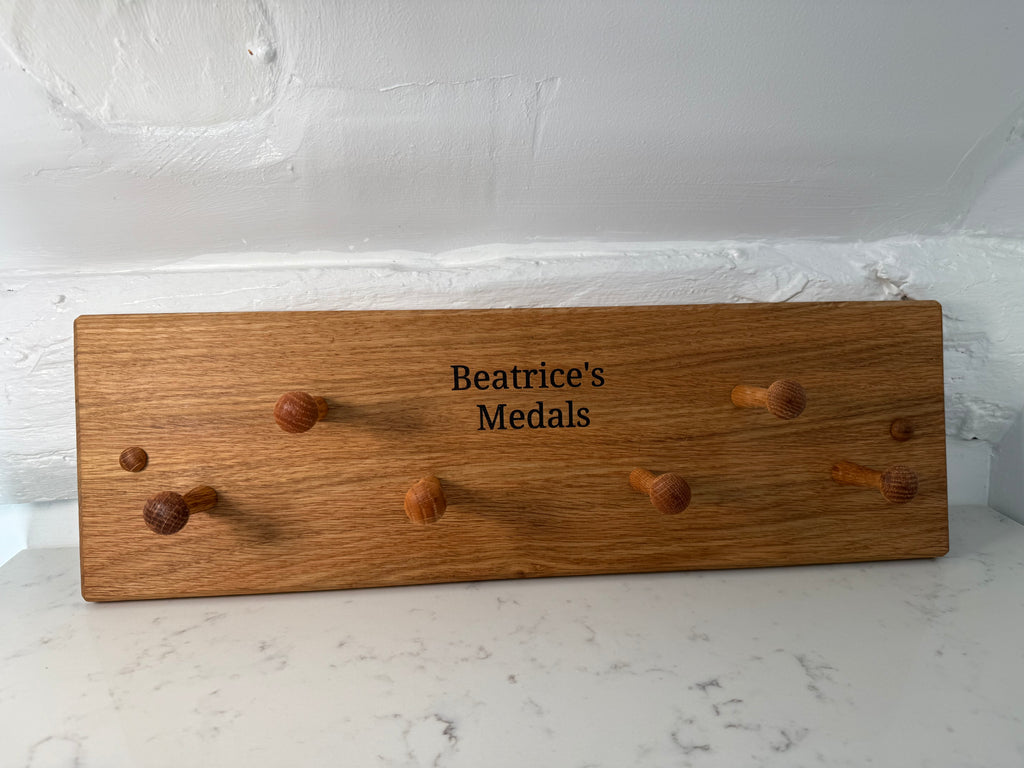 Handmade Solid Oak Medal Hanging Rack: Wall Display - Personalisable