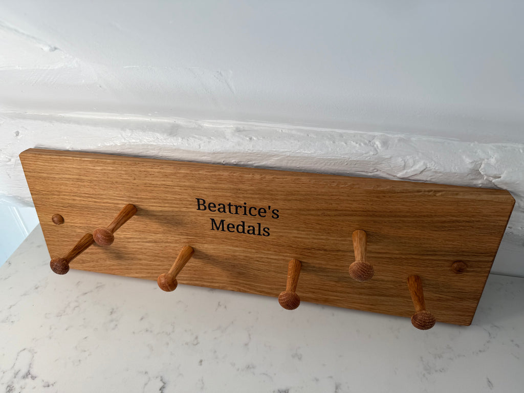 Handmade Solid Oak Medal Hanging Rack: Wall Display - Personalisable
