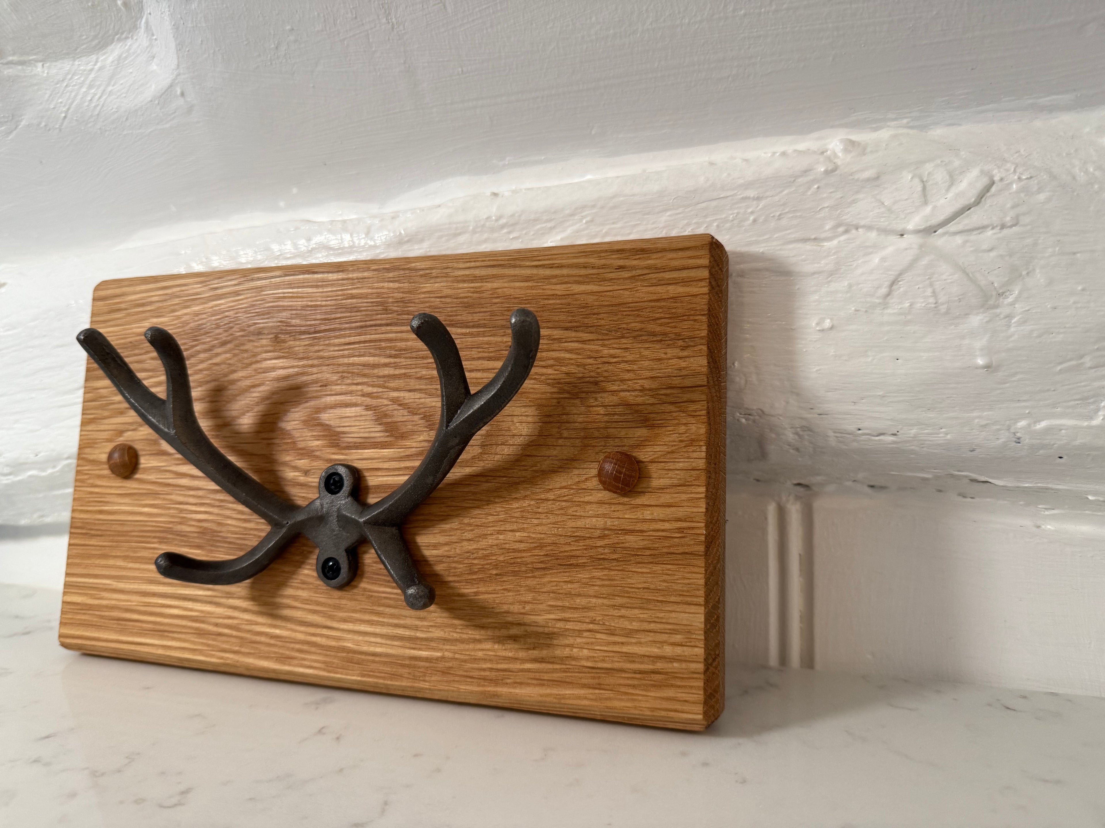 Handmade Solid Oak Coat Rack: Cast Iron Stag Antlers - Personalisable