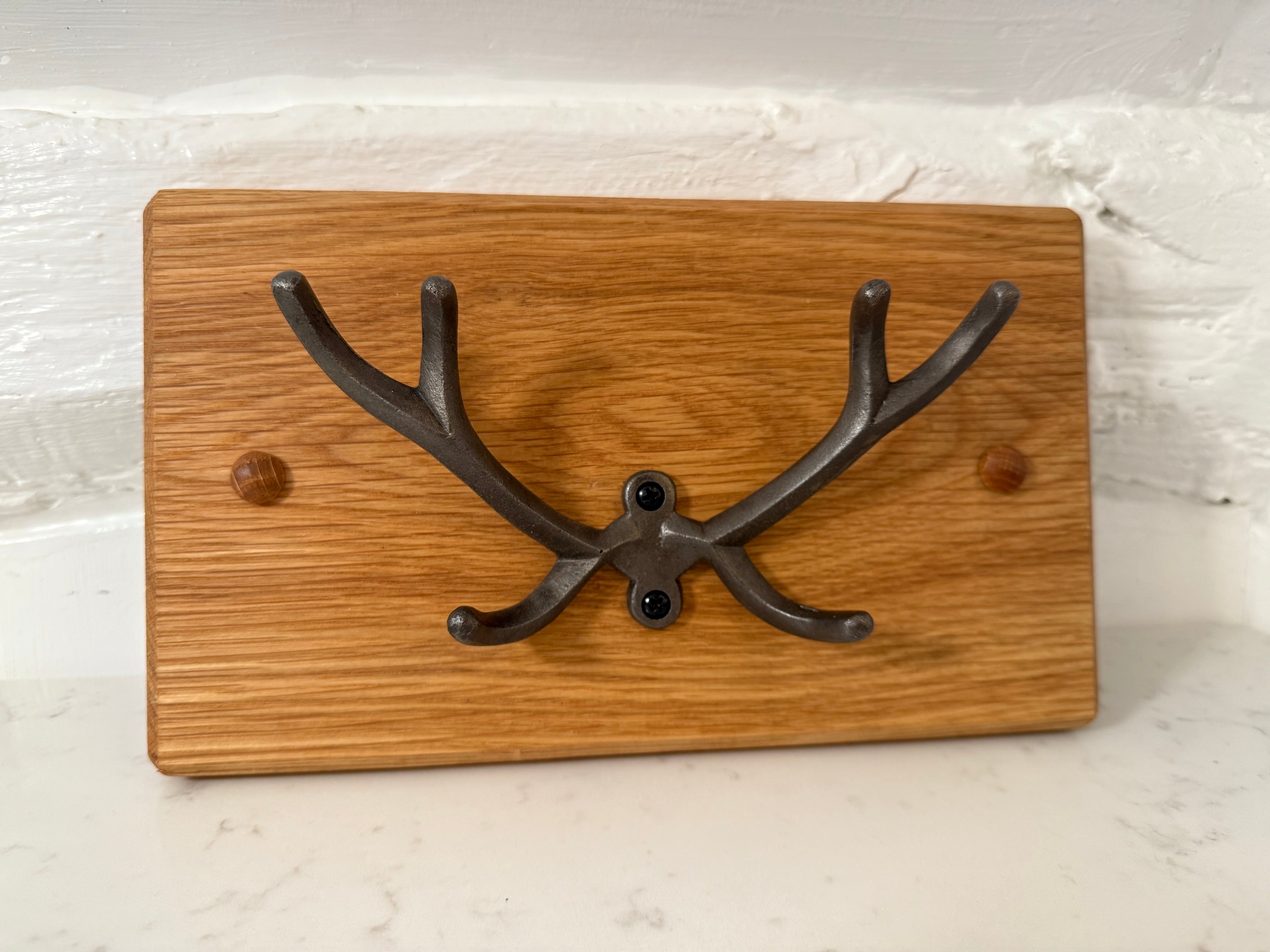 Handmade Solid Oak Coat Rack: Cast Iron Stag Antlers - Personalisable