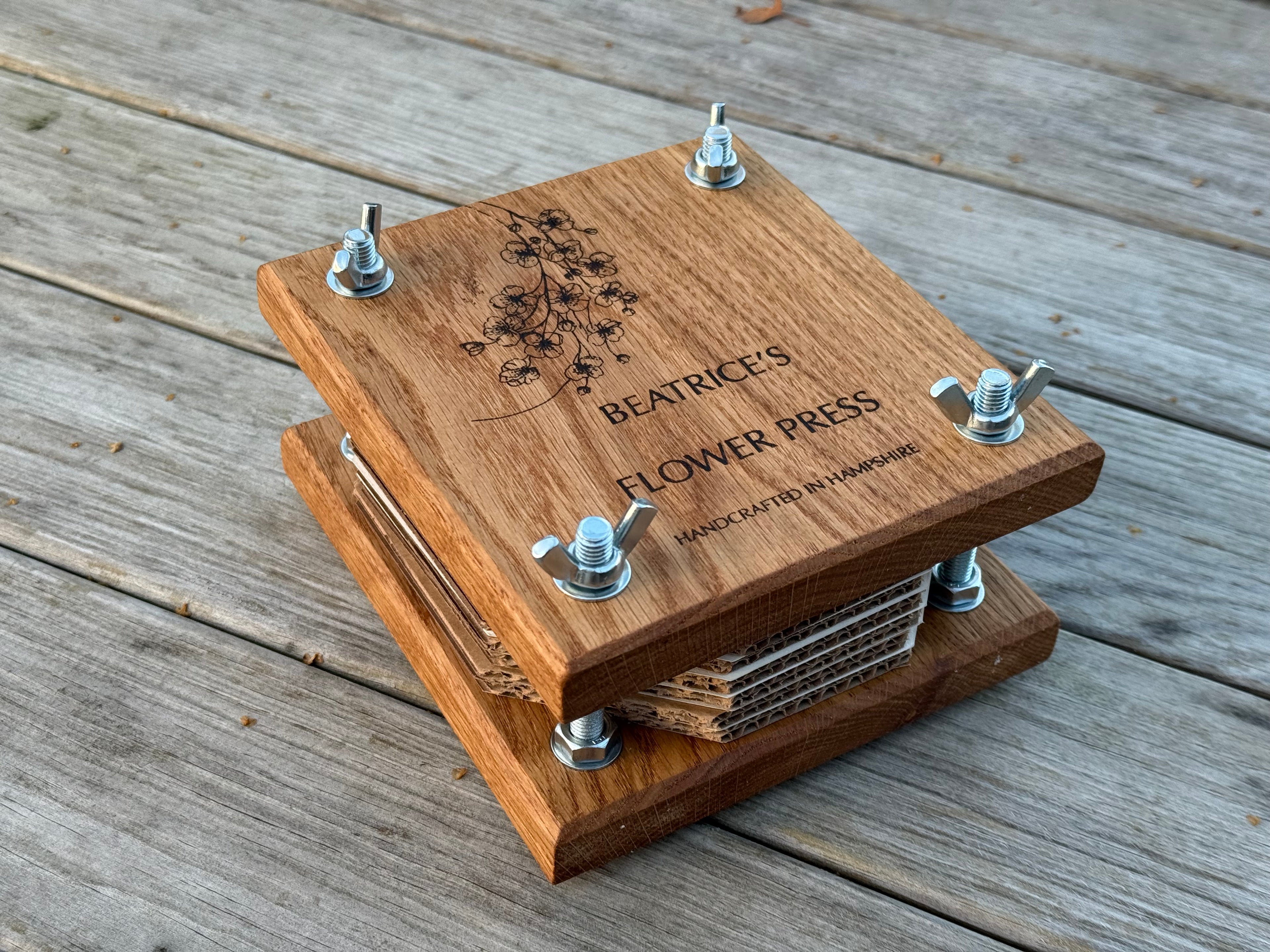 Personalisable Flower Press: Handcrafted in Solid Oak - with blotting craft paper