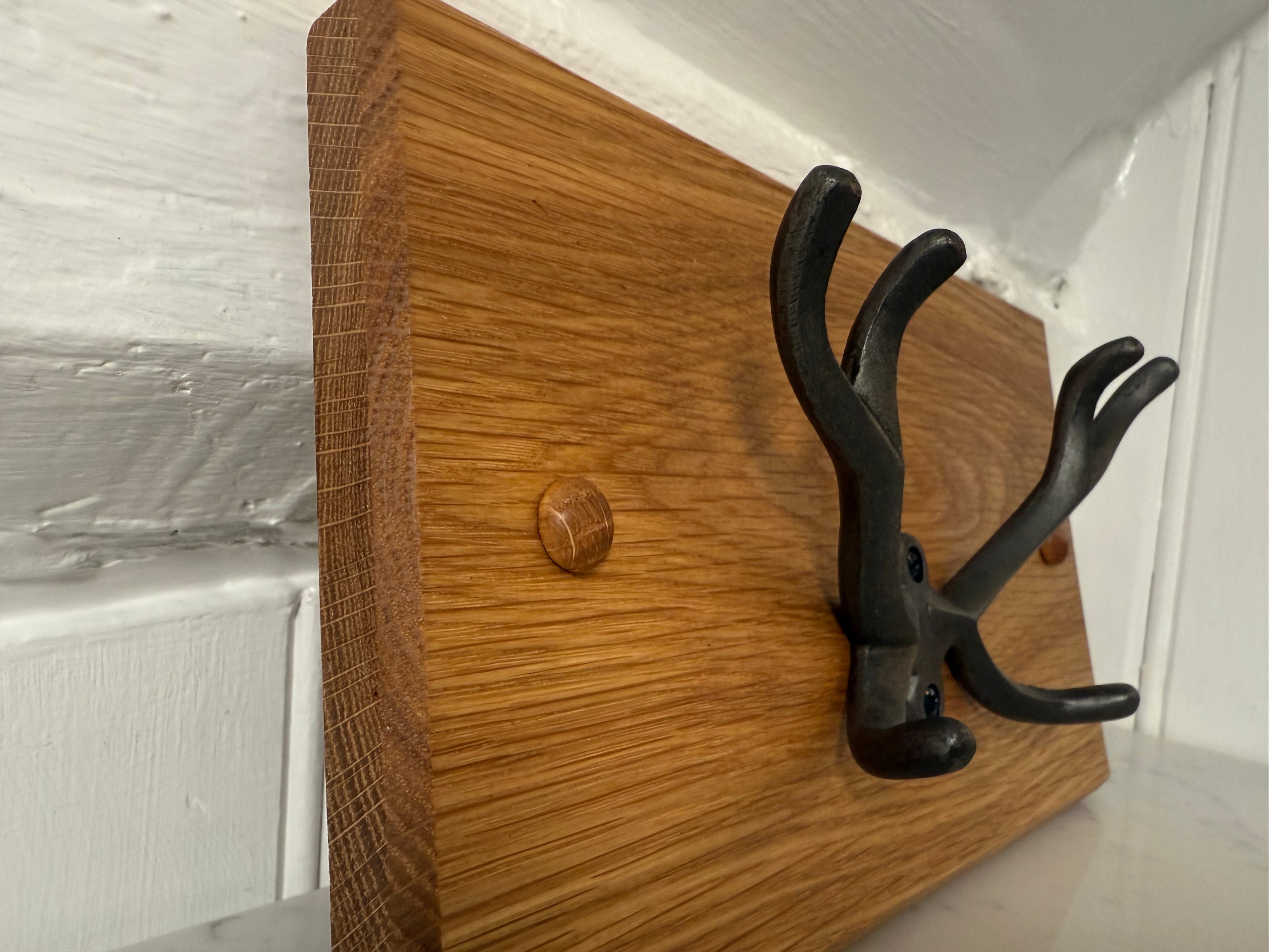 Handmade Solid Oak Key Rack: Cast Iron Stag Antlers - Personalisable