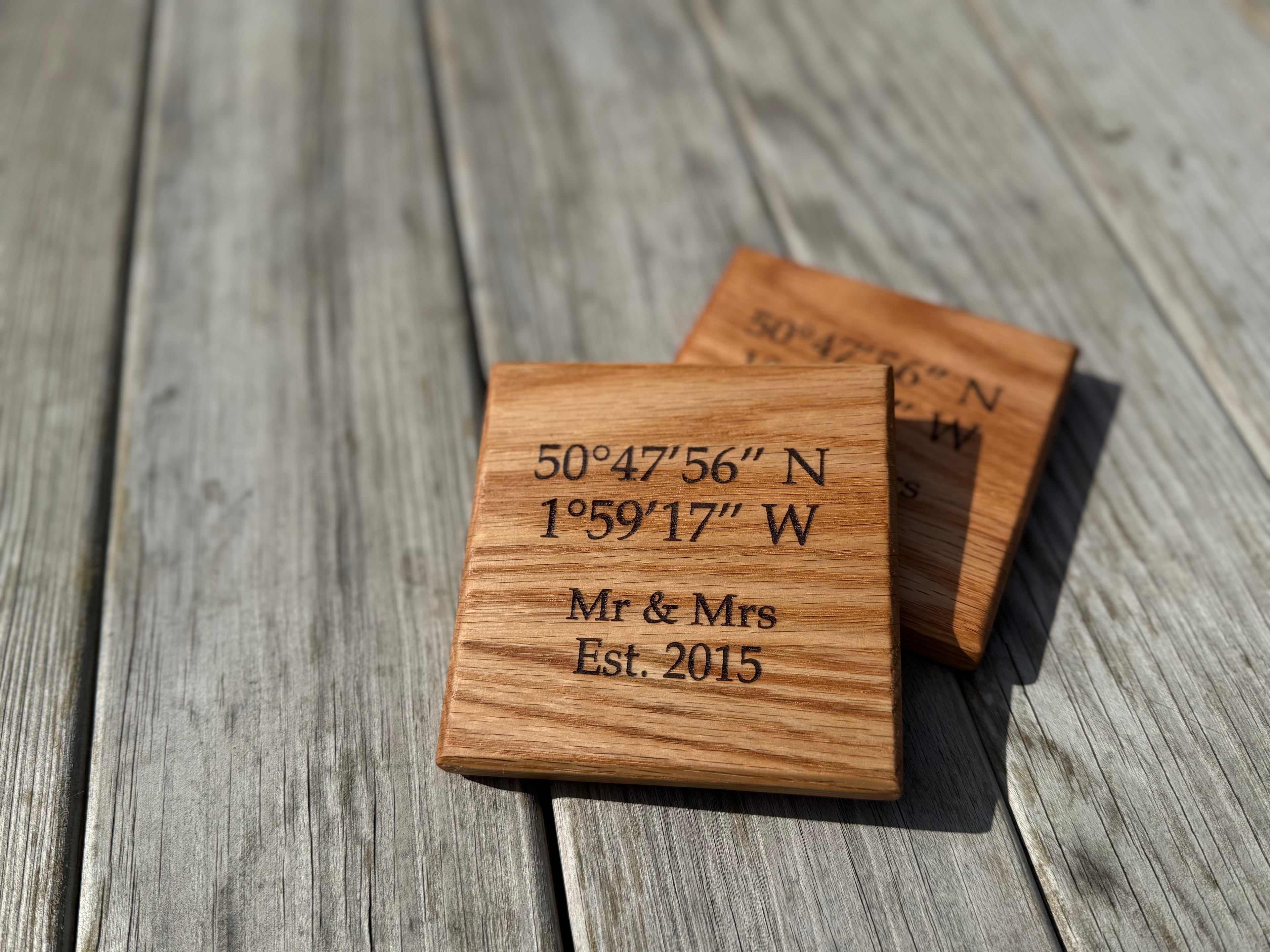 Natural Solid Oak Drink Coasters - Handmade in Hampshire - Personalisable - coordinates - perfect wedding/anniversary/engagement gift