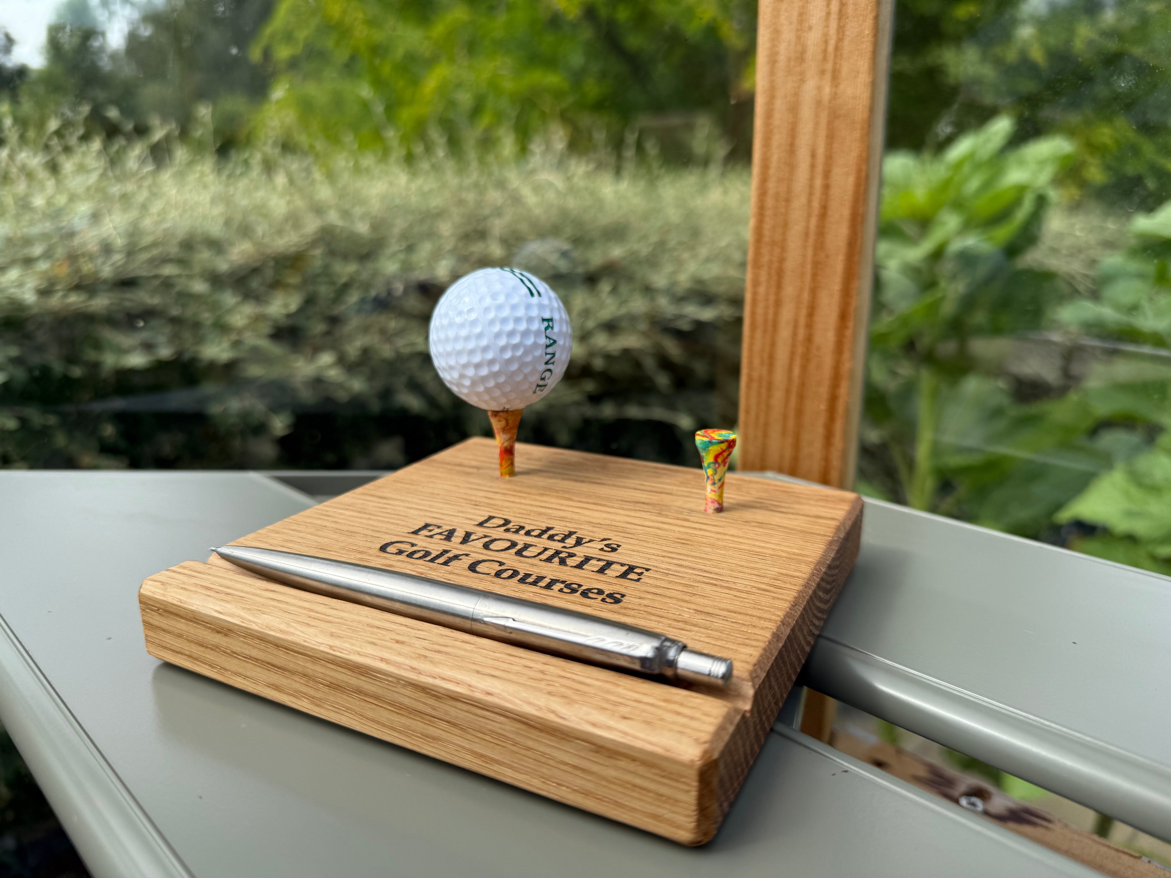 Natural Solid Oak Golf Ball & Pen Display Stand - Handmade in Hampshire - Golf Enthusiast Gift - Desk or Display - Personalisable