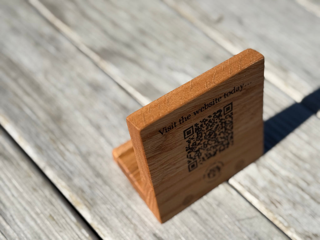 Handmade Solid Oak QR Code Sign: Customisable Tabletop Display