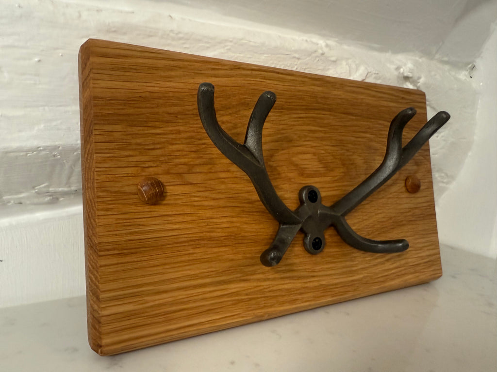 Handmade Solid Oak Coat Rack: Cast Iron Stag Antlers - Personalisable