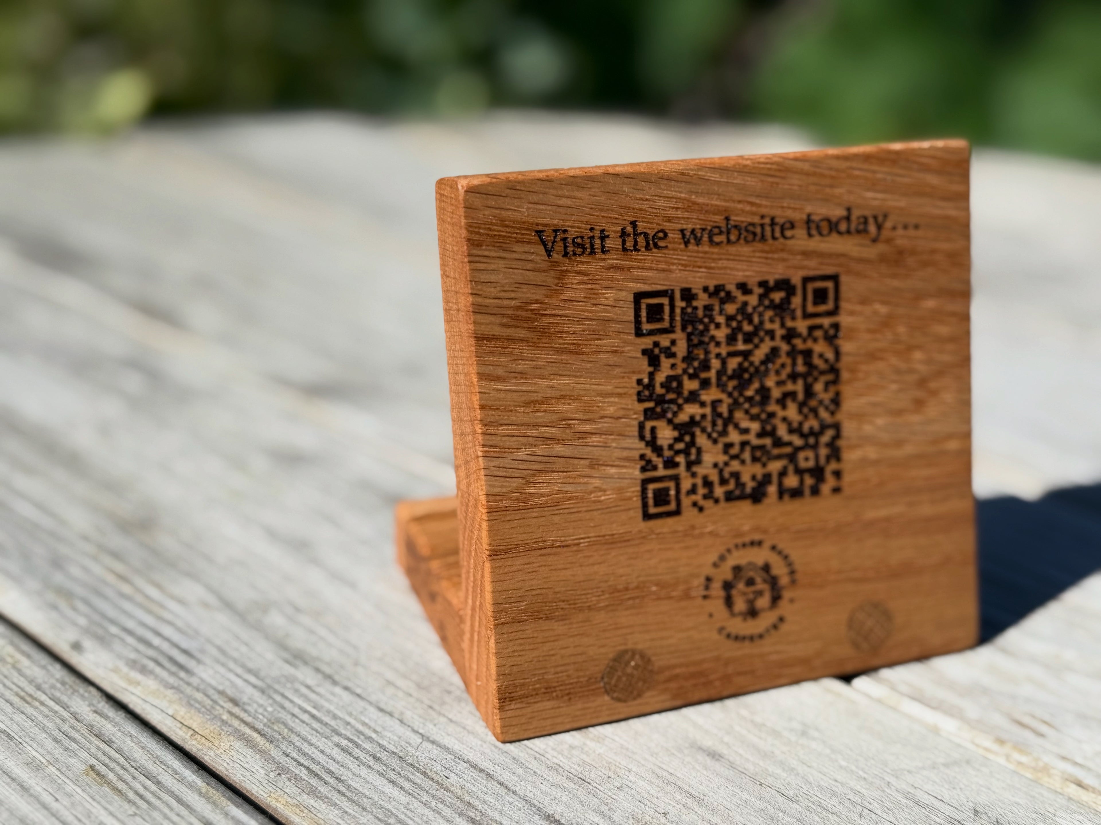 Handmade Solid Oak QR Code Sign: Customisable Tabletop Display