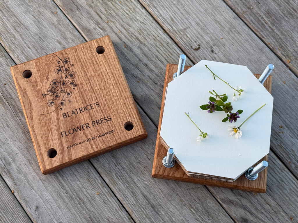 Personalisable Flower Press: Handcrafted in Solid Oak - with blotting craft paper