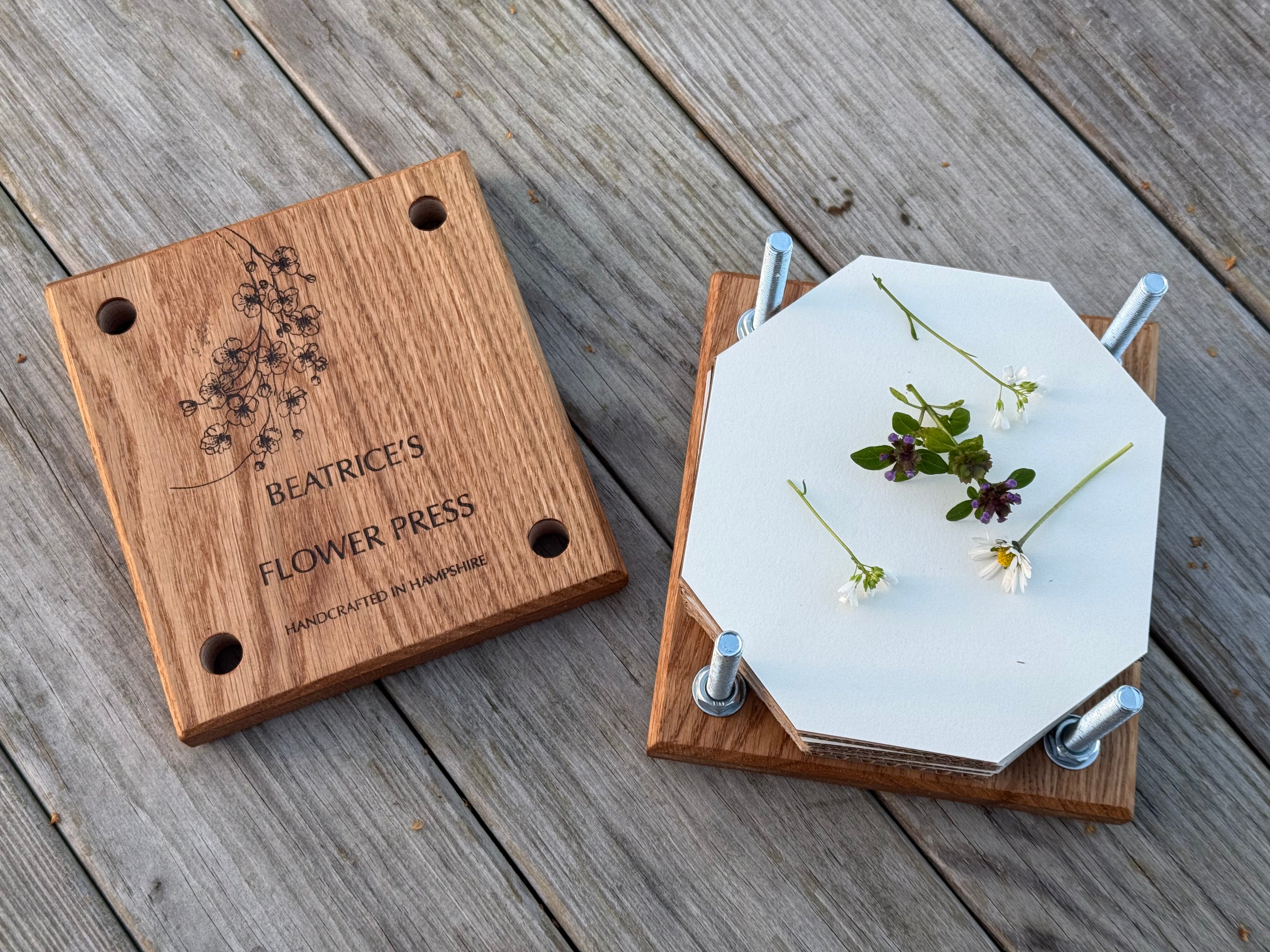 Personalisable Flower Press: Handcrafted in Solid Oak - with blotting craft paper
