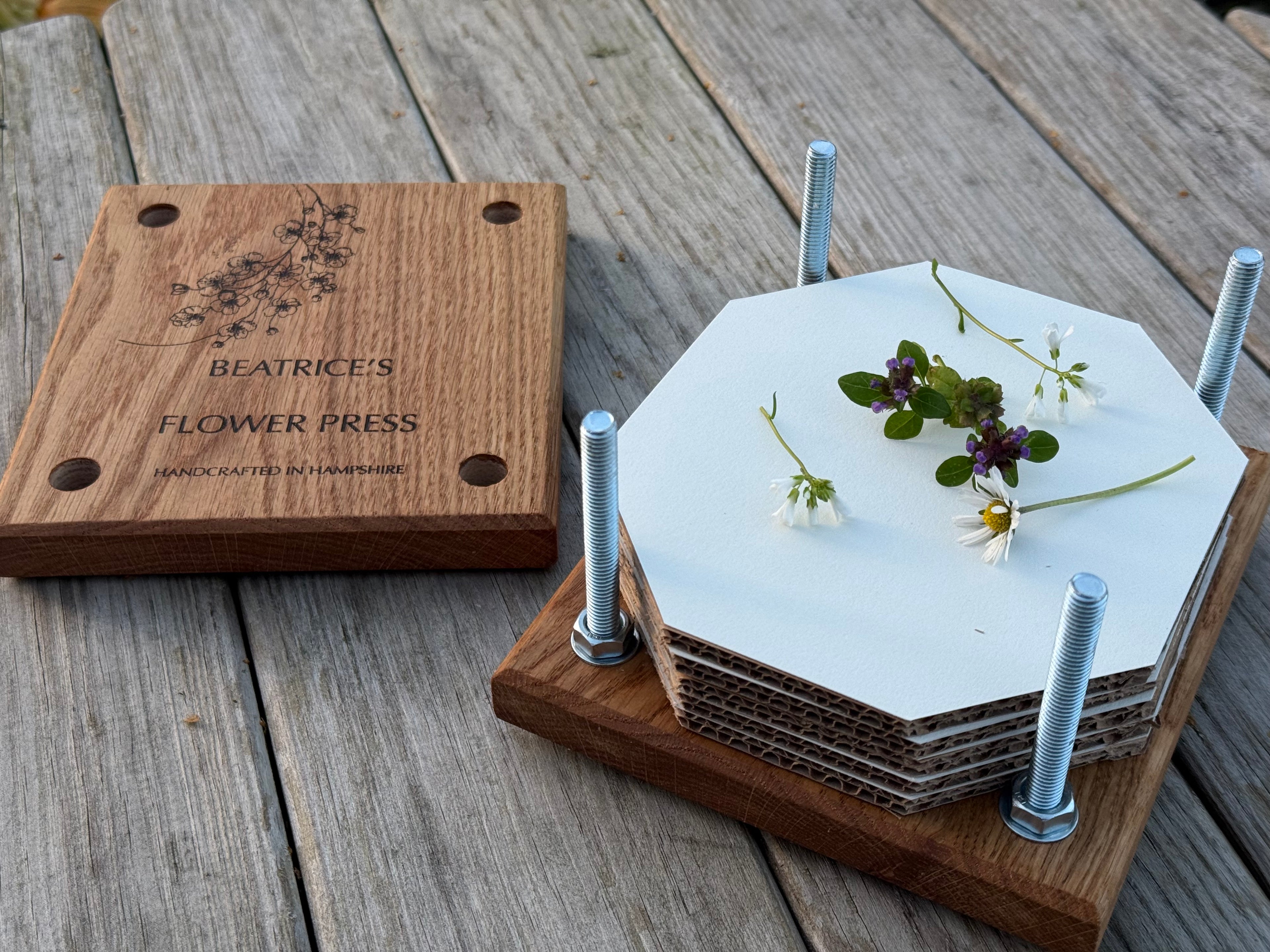 Personalisable Flower Press: Handcrafted in Solid Oak - with blotting craft paper