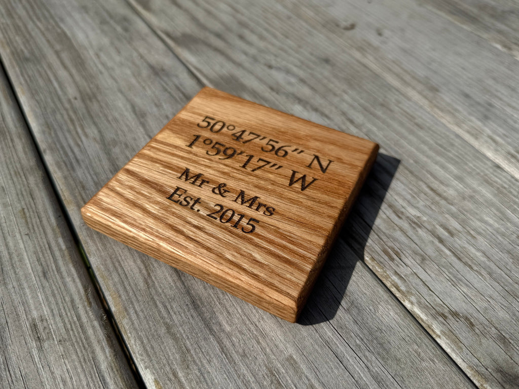 Natural Solid Oak Drink Coasters - Handmade in Hampshire - Personalisable - coordinates - perfect wedding/anniversary/engagement gift