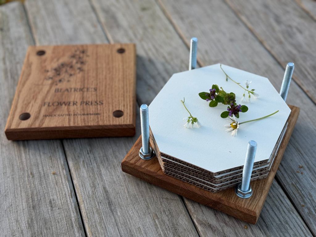 Personalisable Flower Press: Handcrafted in Solid Oak - with blotting craft paper