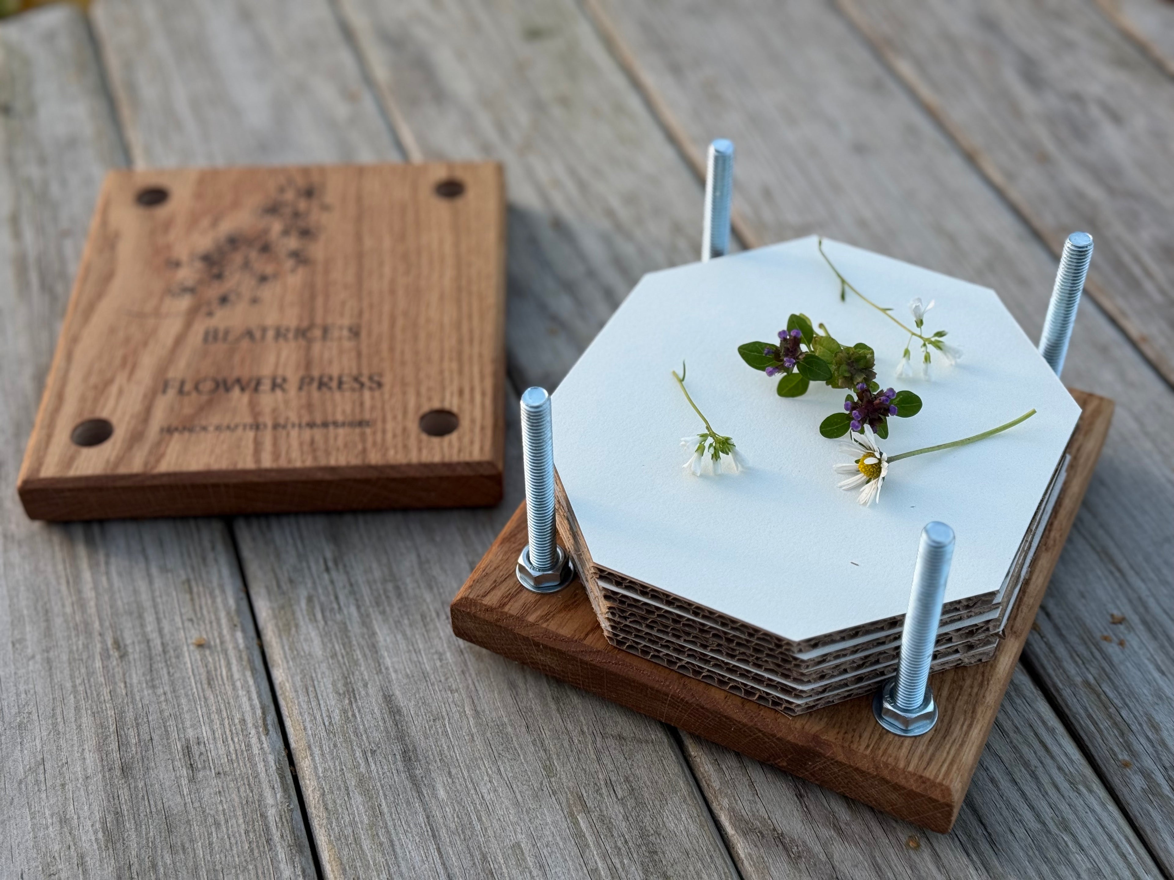 Personalisable Flower Press: Handcrafted in Solid Oak - with blotting craft paper