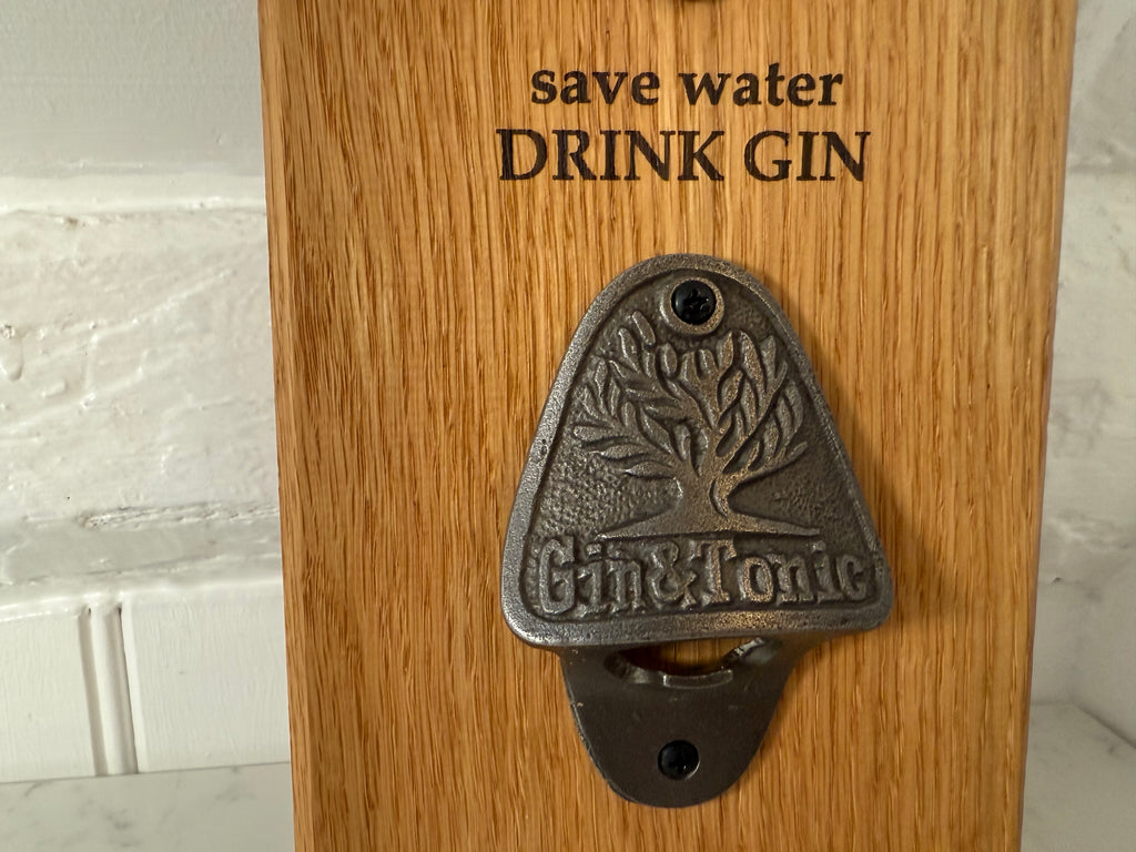Handmade Solid Oak Wall Mounted Bottle Opener: Gin & Tonic Theme - Cast Iron - Personalisable