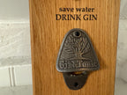 Handmade Solid Oak Wall Mounted Bottle Opener: Gin & Tonic Theme - Cast Iron - Personalisable