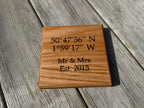 Natural Solid Oak Drink Coasters - Handmade in Hampshire - Personalisable - coordinates - perfect wedding/anniversary/engagement gift