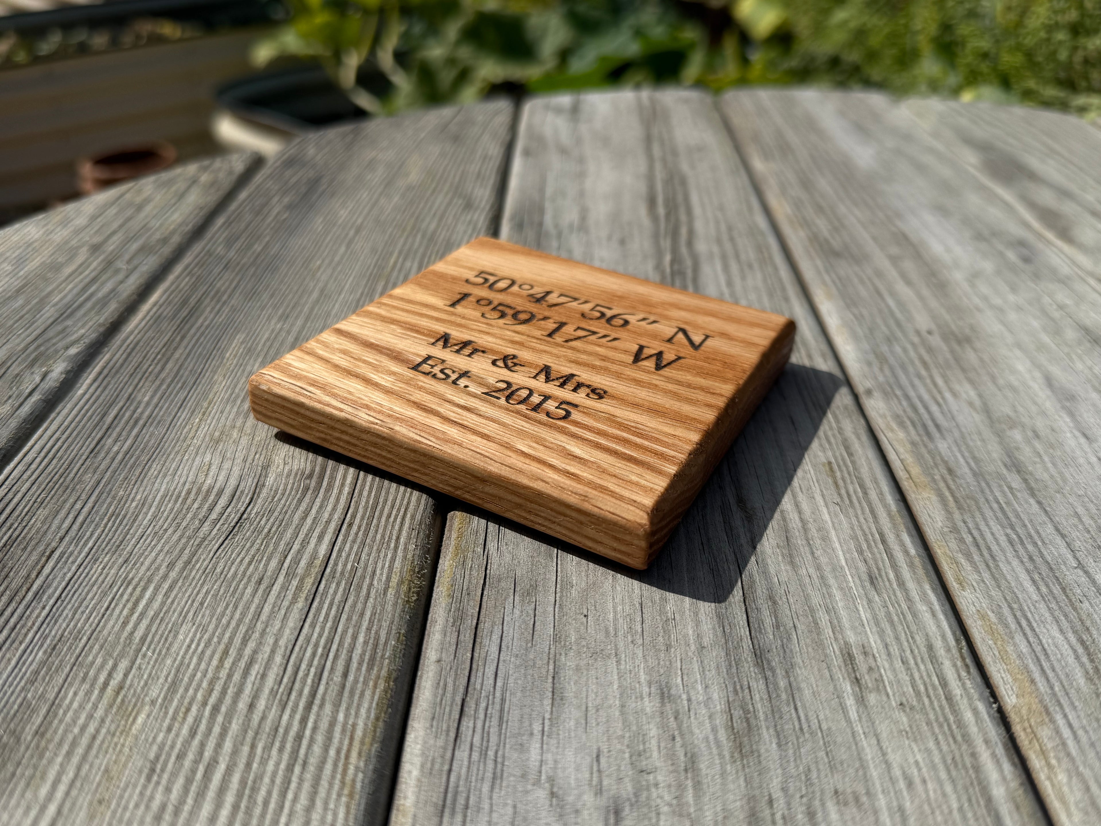 Natural Solid Oak Drink Coasters - Handmade in Hampshire - Personalisable - coordinates - perfect wedding/anniversary/engagement gift