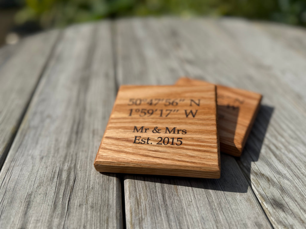 Natural Solid Oak Drink Coasters - Handmade in Hampshire - Personalisable - coordinates - perfect wedding/anniversary/engagement gift