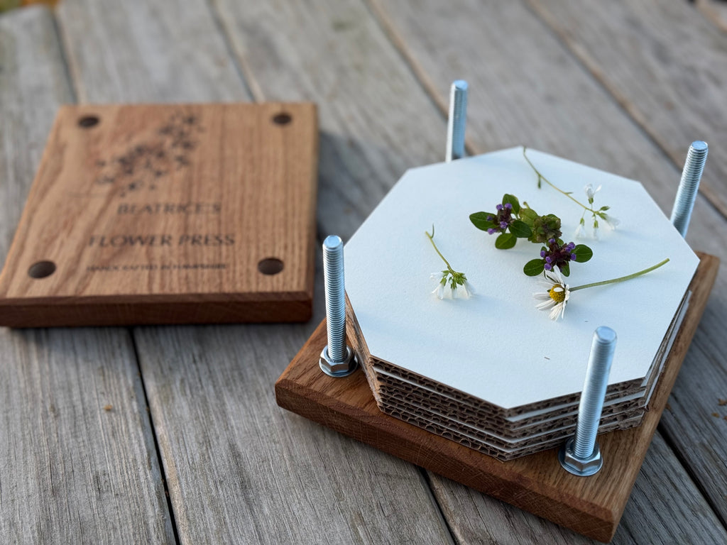 Personalisable Flower Press: Handcrafted in Solid Oak - with blotting craft paper
