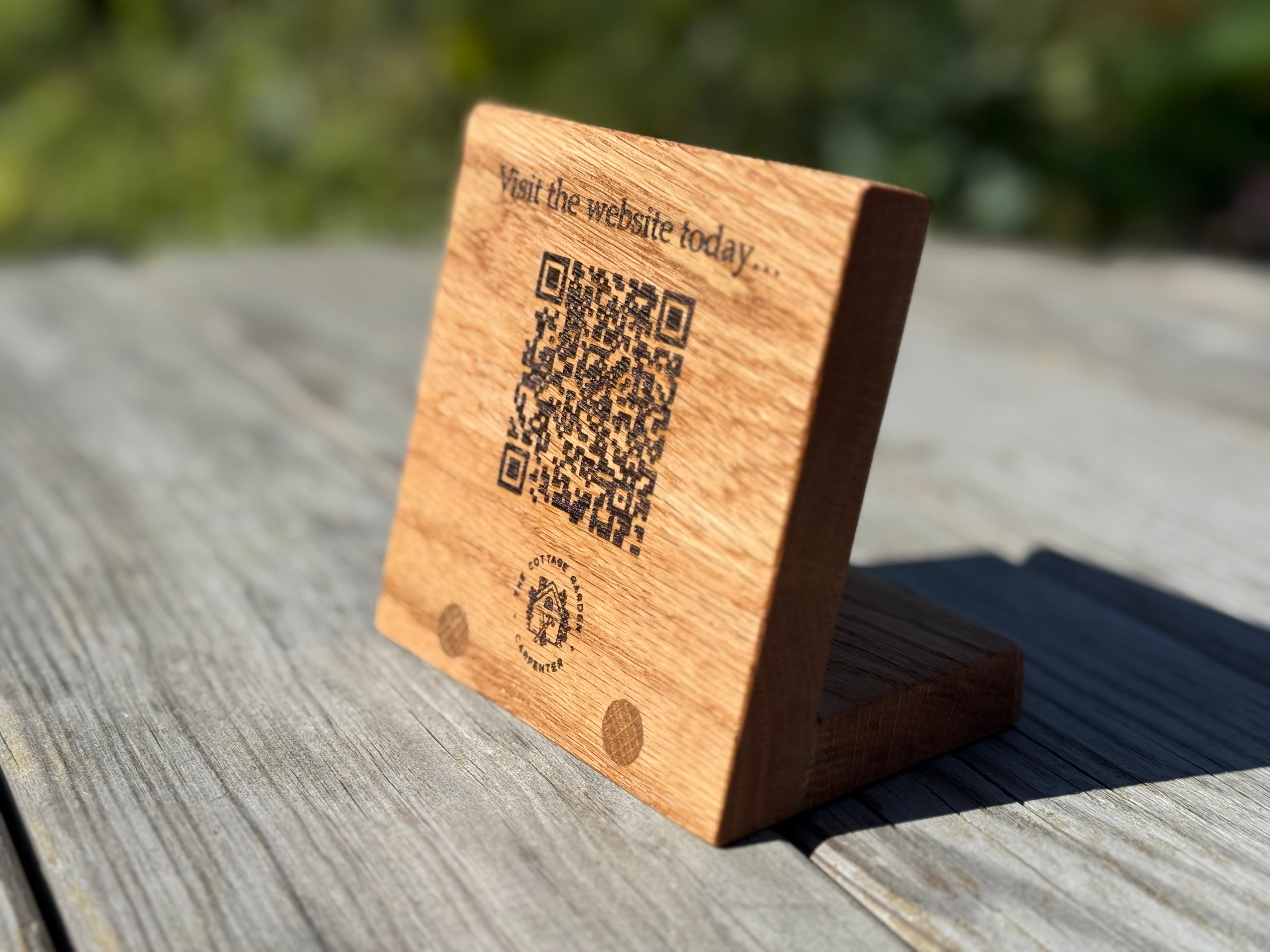 Handmade Solid Oak QR Code Sign: Customisable Tabletop Display