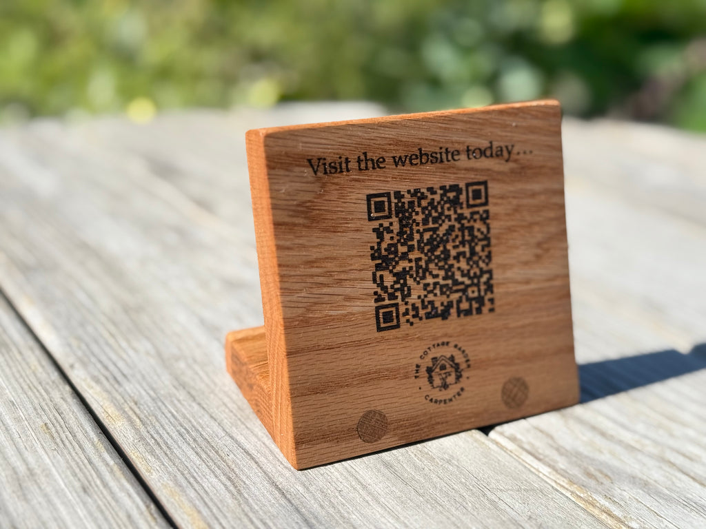 Handmade Solid Oak QR Code Sign: Customisable Tabletop Display
