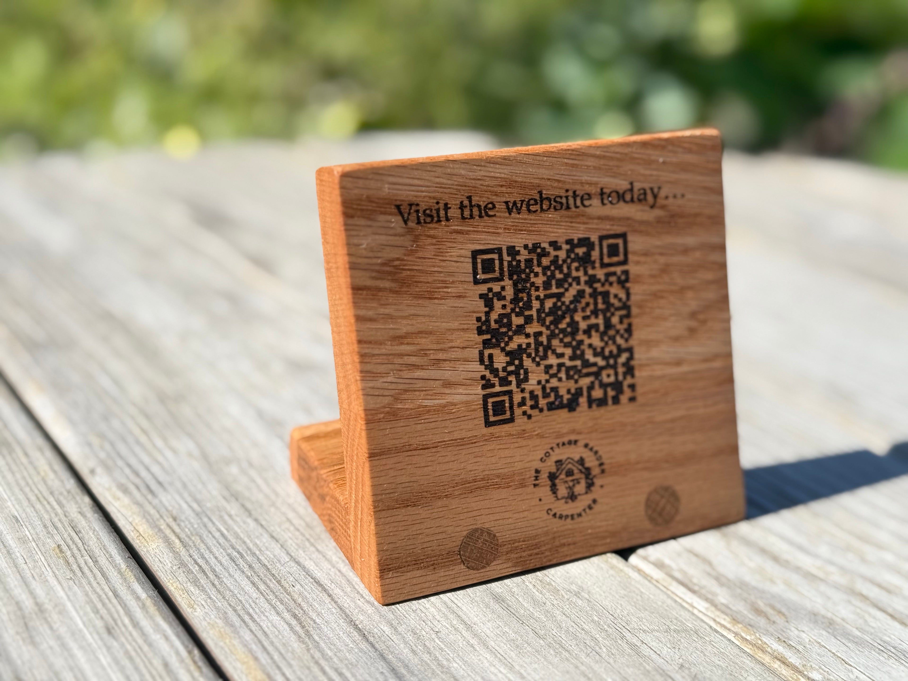 Handmade Solid Oak QR Code Sign: Customisable Tabletop Display