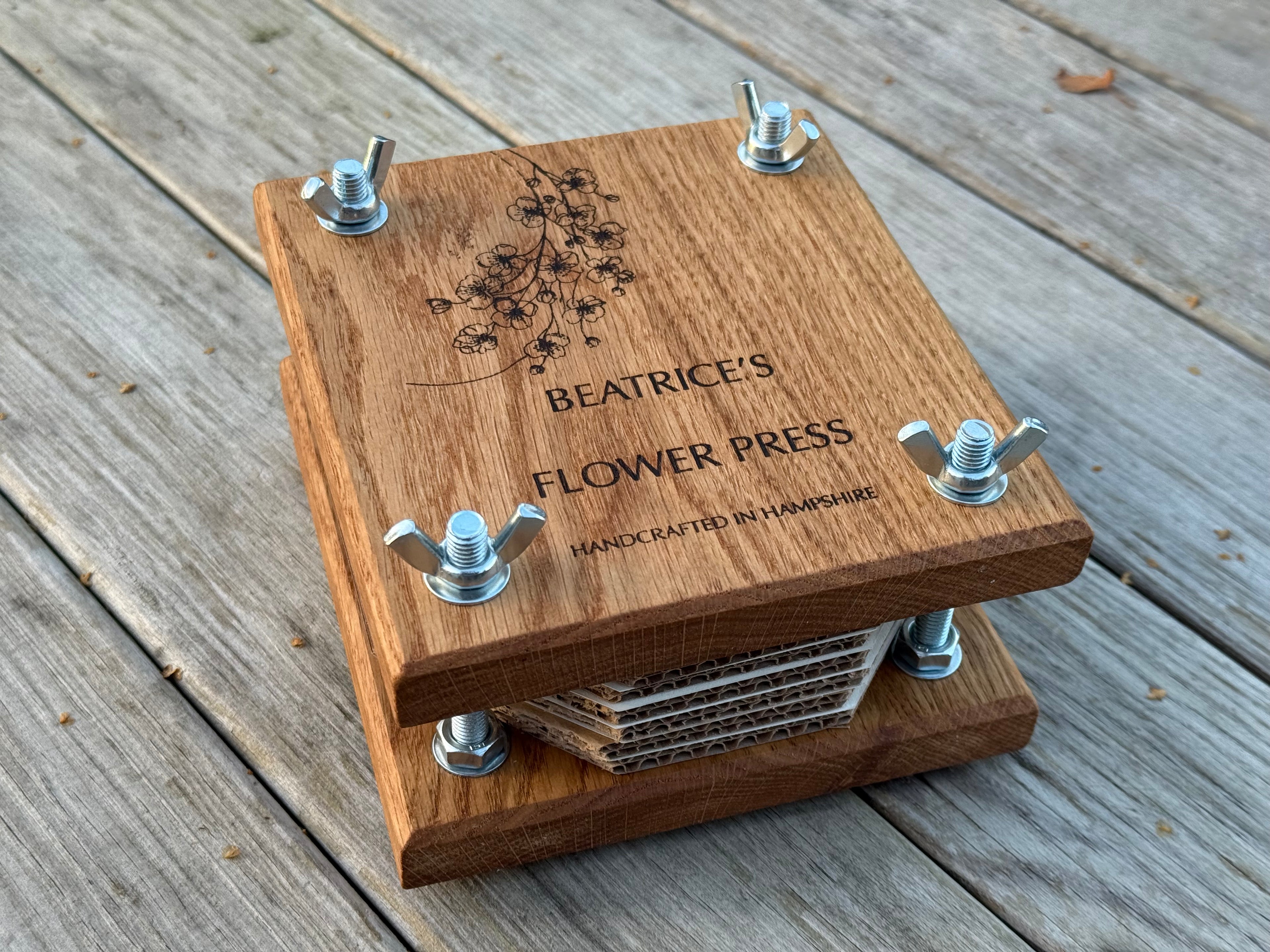 Personalisable Flower Press: Handcrafted in Solid Oak - with blotting craft paper