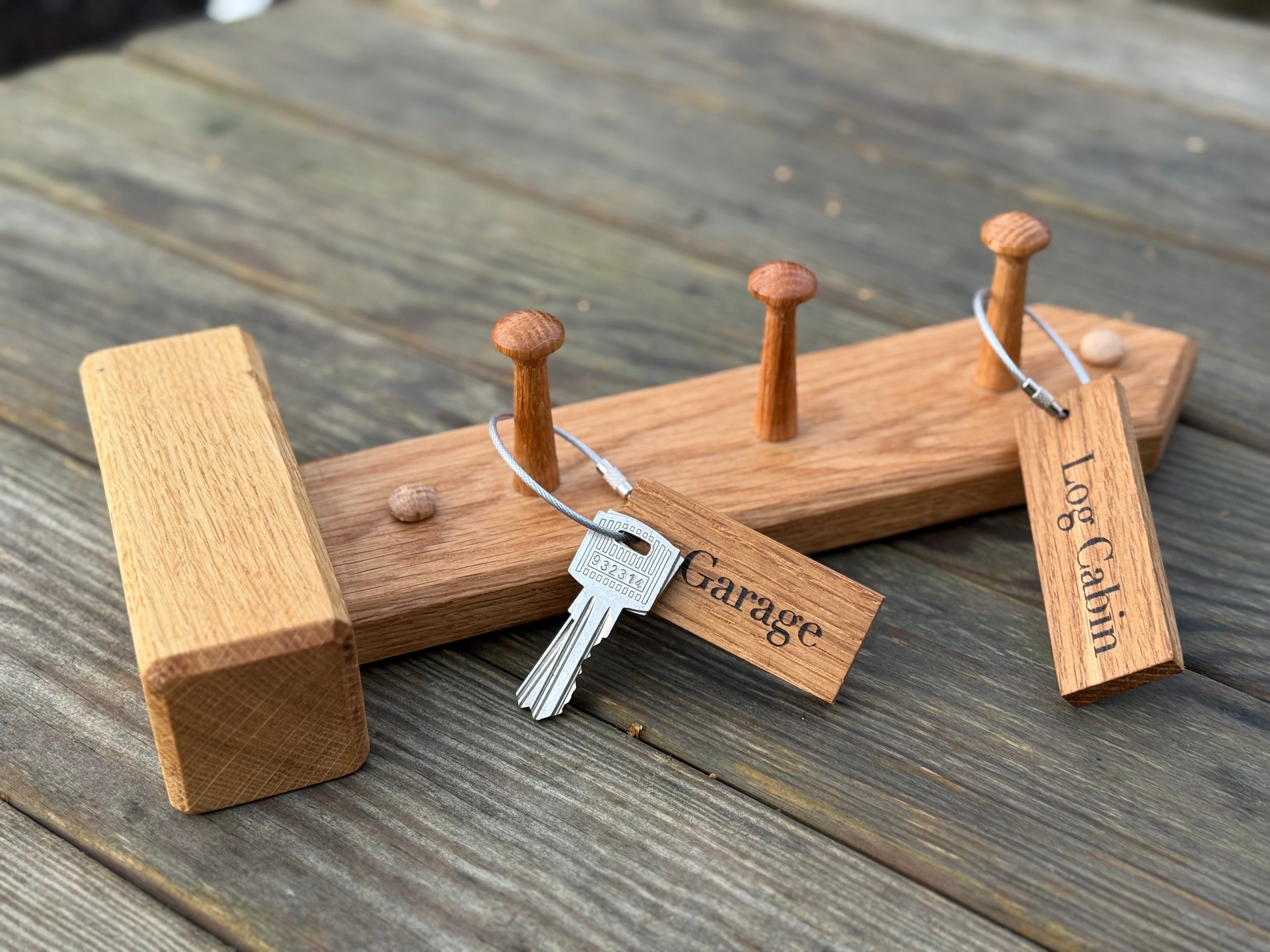 Natural Solid Oak Key Rack with Oak Pegs - Walking / Hiking - Countryside Footpath Design - Handmade in Hampshire