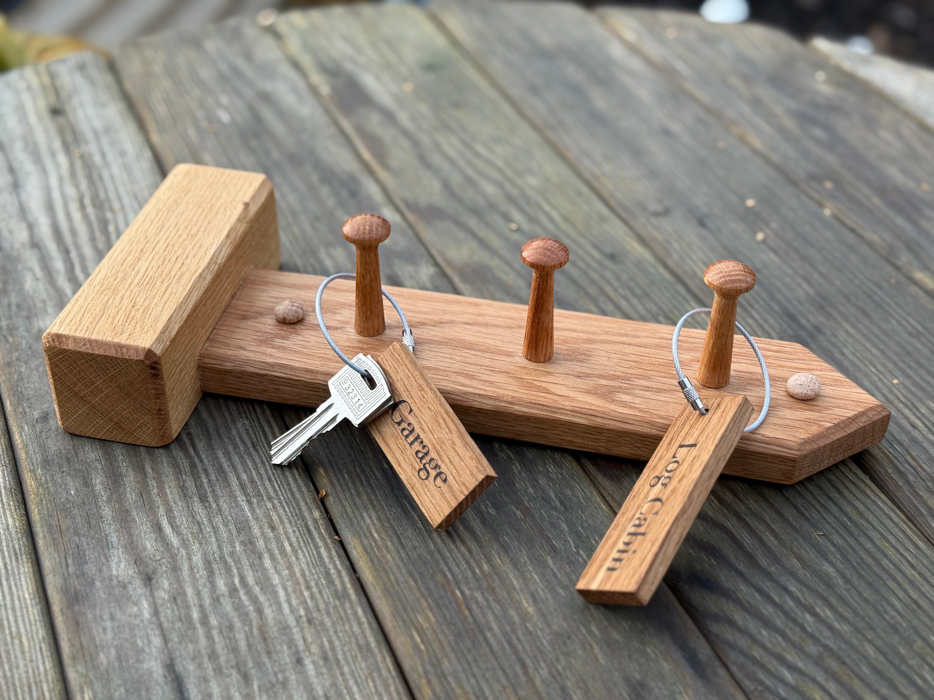 Natural Solid Oak Key Rack with Oak Pegs - Walking / Hiking - Countryside Footpath Design - Handmade in Hampshire