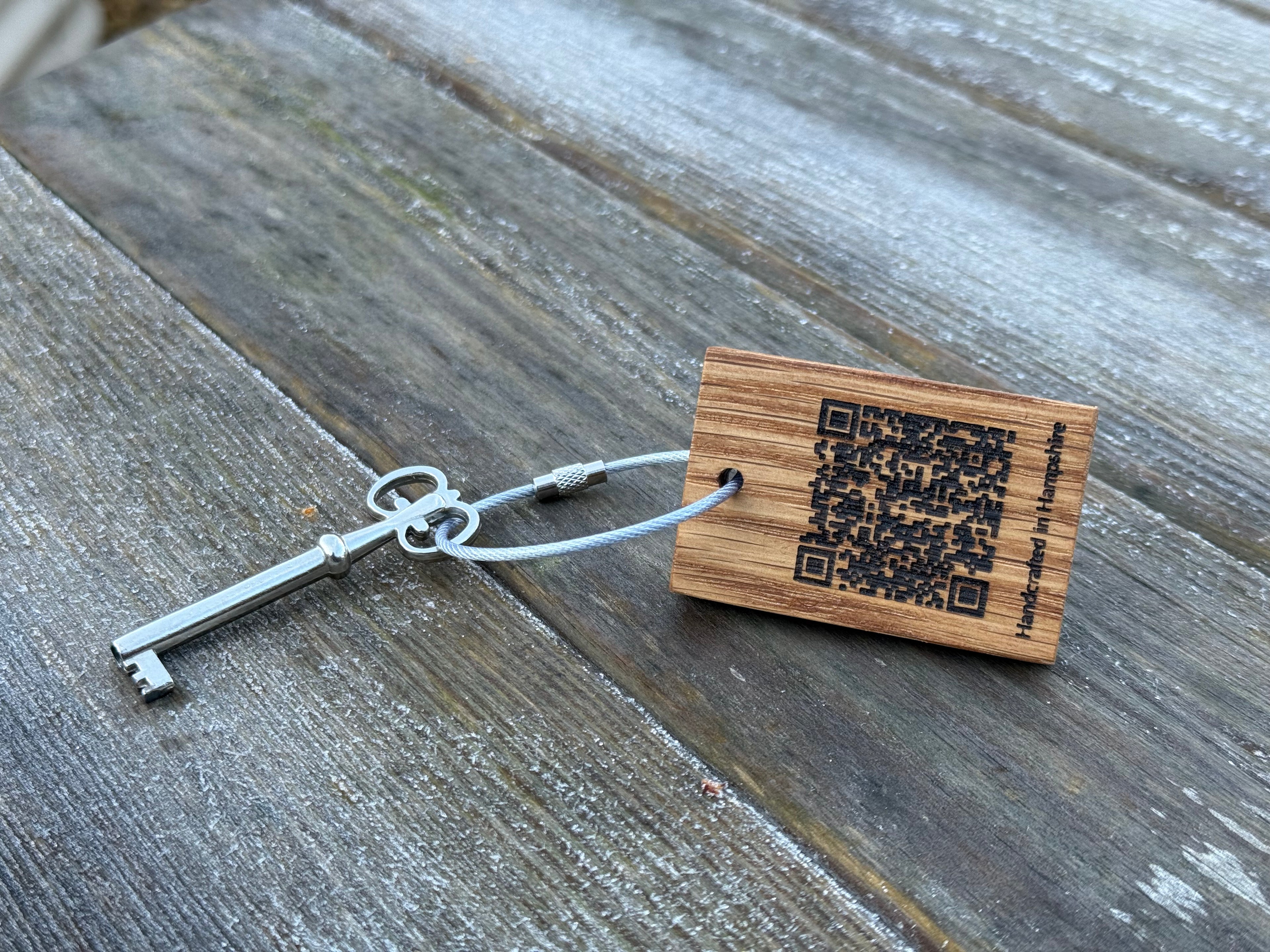 Customisable Keyring: Business/Corporate Branding - QR Code - Handcrafted in Solid Oak - with loop attachment
