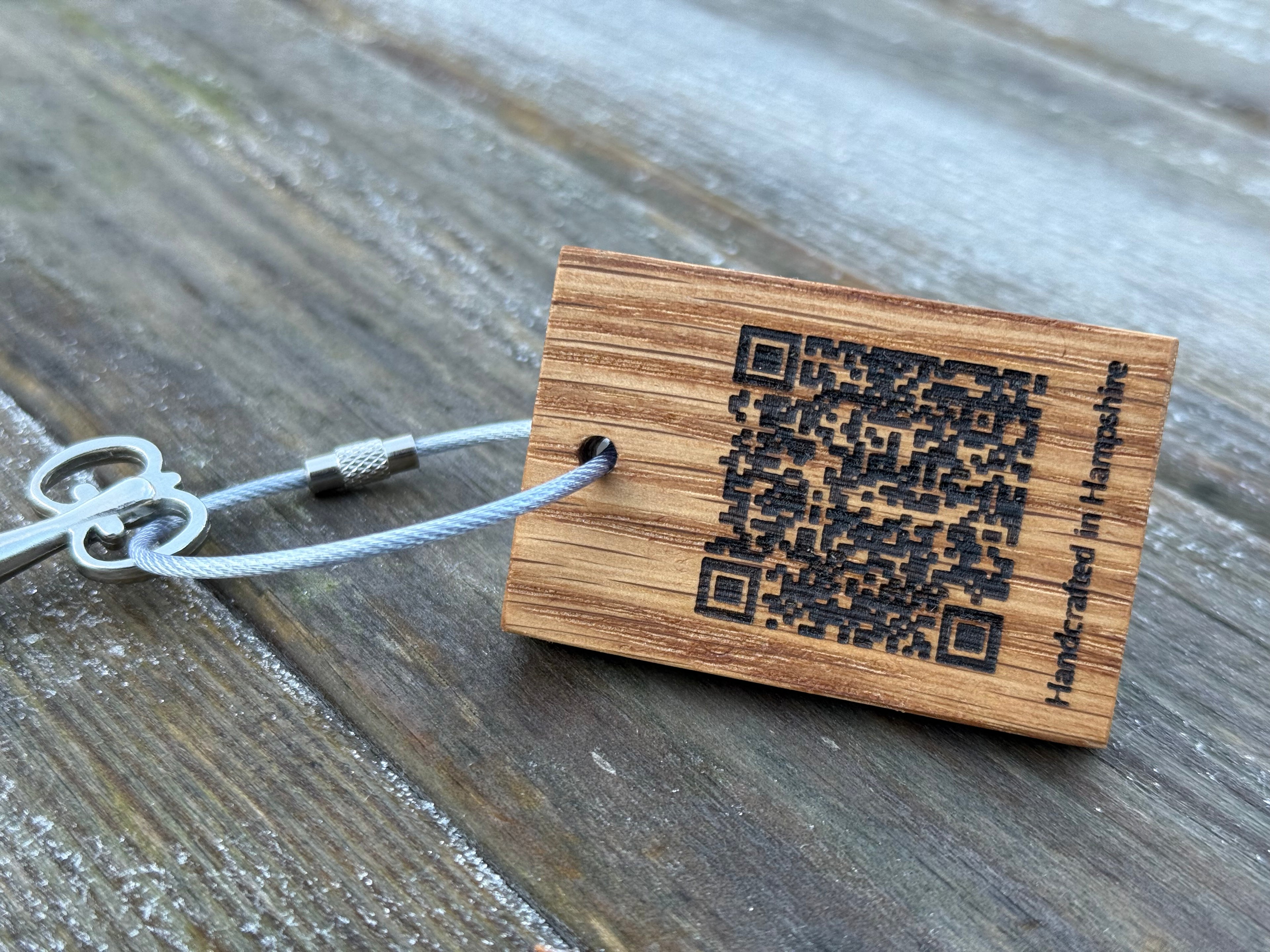 Customisable Keyring: Business/Corporate Branding - QR Code - Handcrafted in Solid Oak - with loop attachment