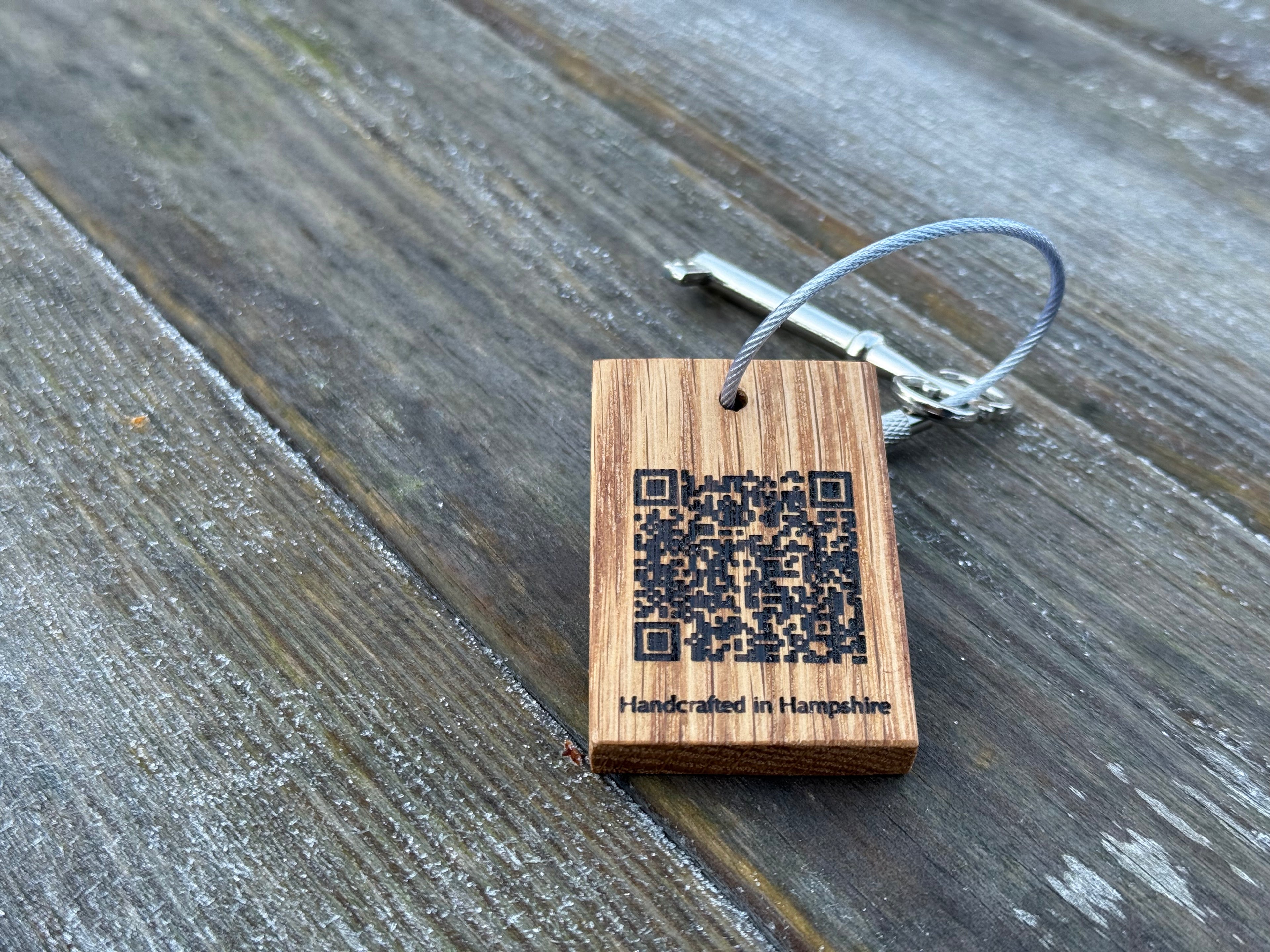 Customisable Keyring: Business/Corporate Branding - QR Code - Handcrafted in Solid Oak - with loop attachment