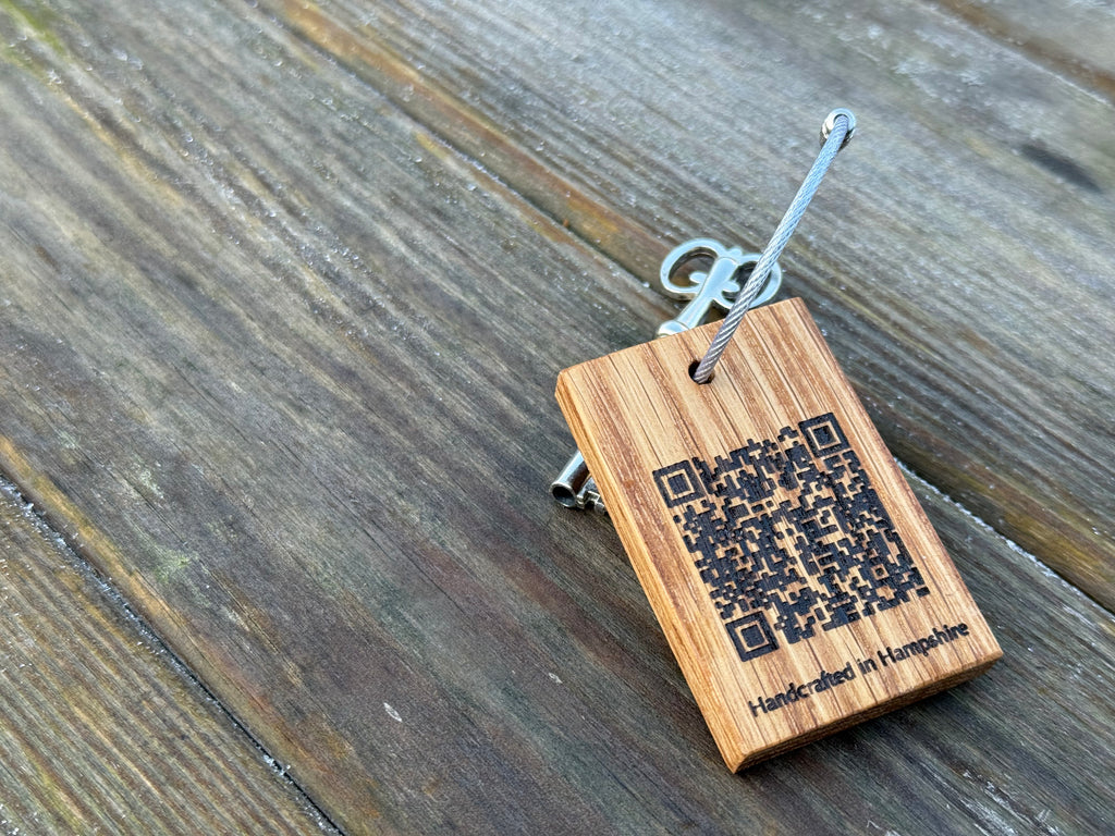 Customisable Keyring: Business/Corporate Branding - QR Code - Handcrafted in Solid Oak - with loop attachment